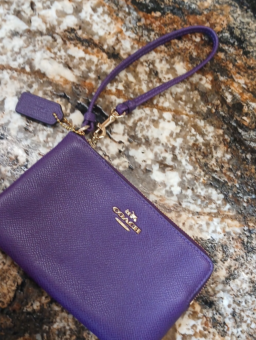 Coach Purple Pebbled Leather Wristlet with Gold Hardware